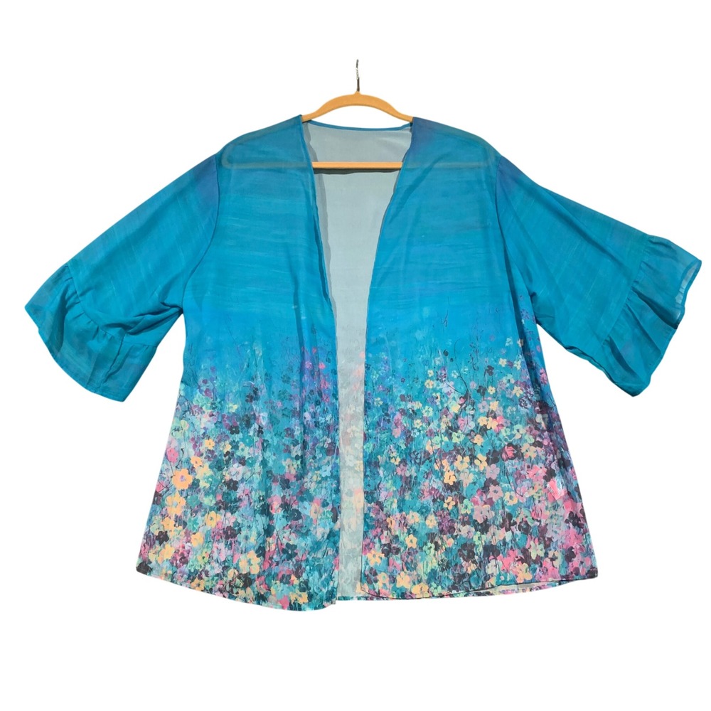 Womens XXXL Blue Floral Ombre‎ Sheer Kimono Cardigan Ruffle Sleeve Open Front